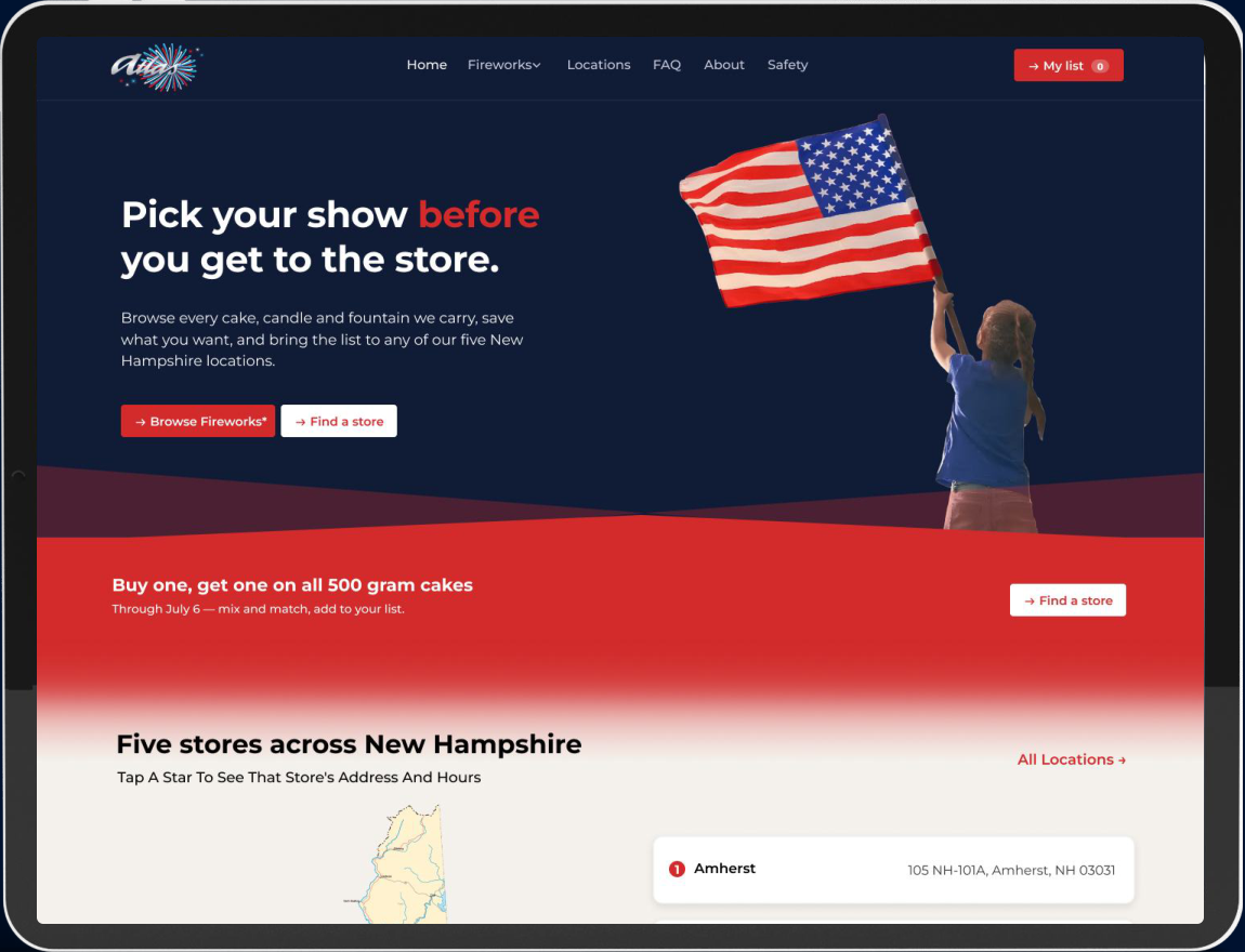 Atlas Fireworks catalogue site on a tablet