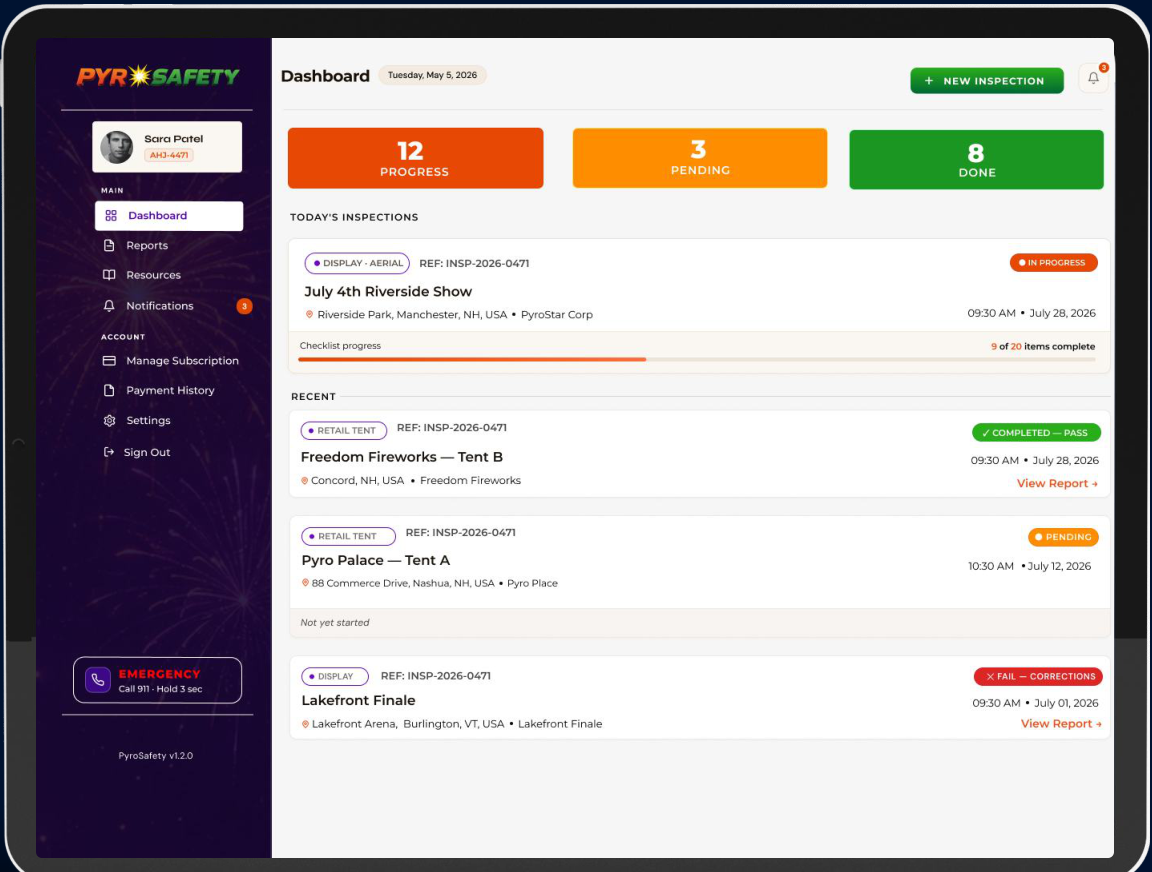 PyroSafety inspection dashboard on a tablet