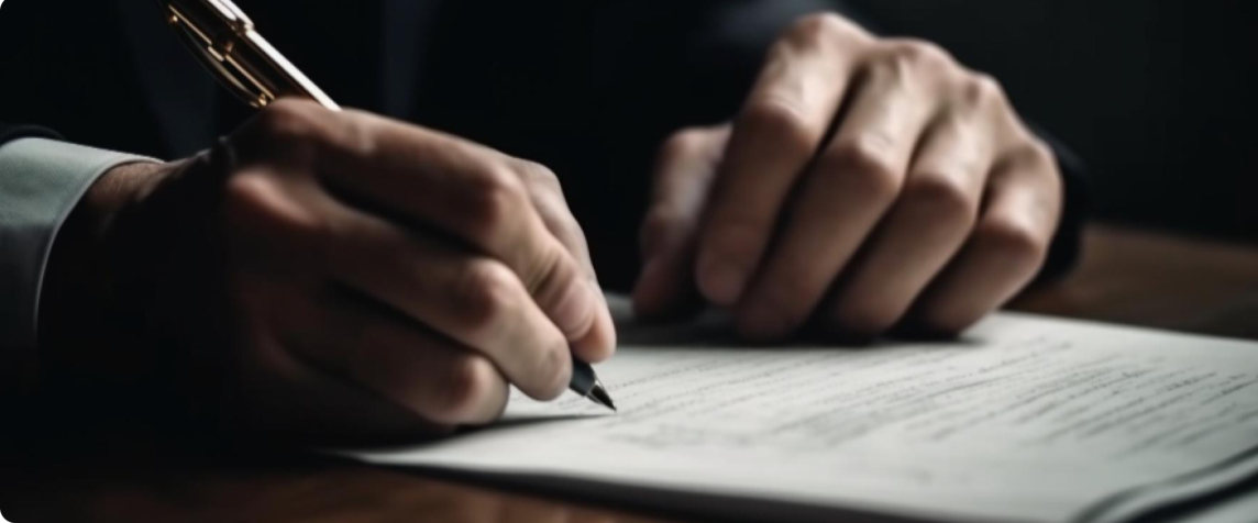 A hand signing a declaration