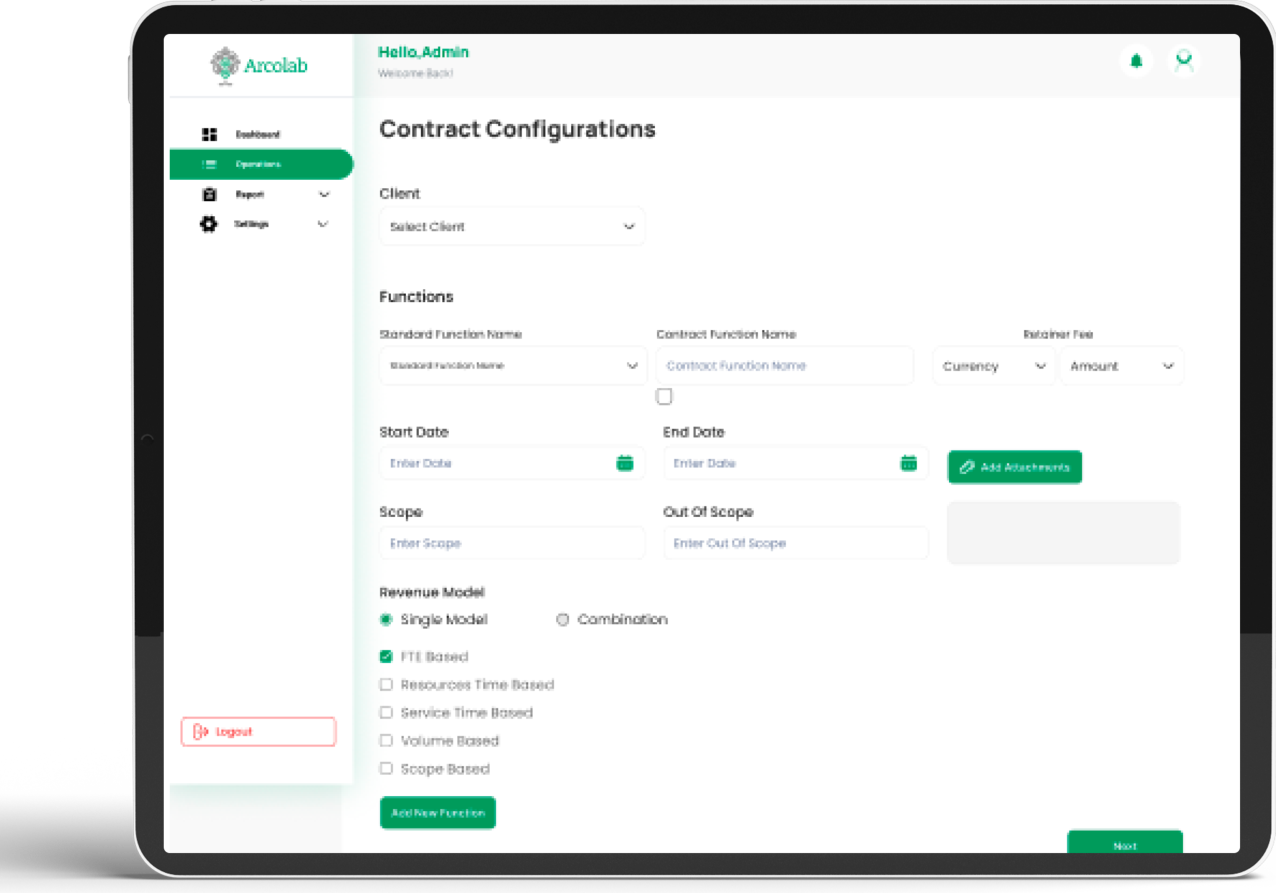 Contract configurations screen of the revenue management application on a tablet