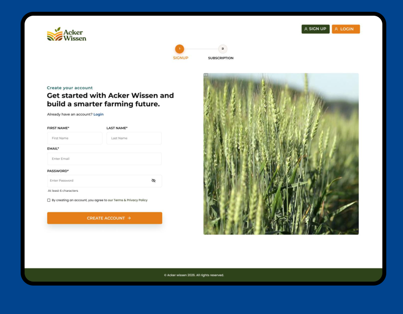Acker Wissen agritech platform sign-up screen in production