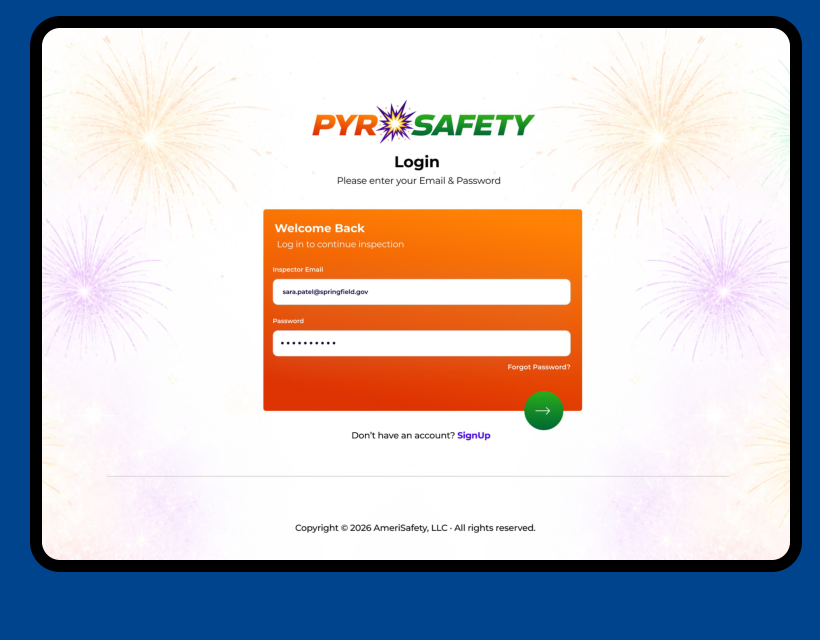 PyroSafety inspection platform login screen in production